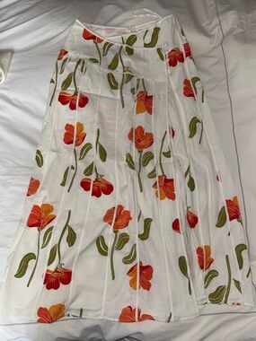 Sabo Skirt White A-Line Midi Skirt with Orange-Red Floral Print